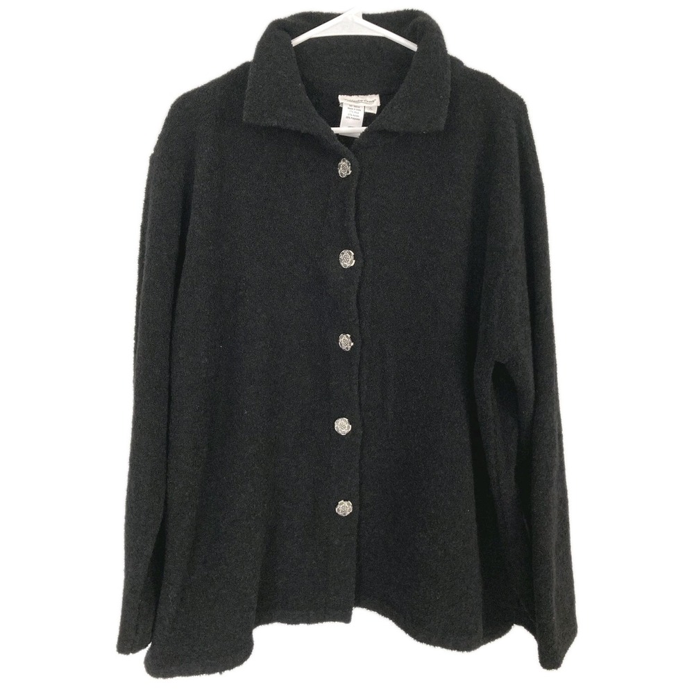 Vtg Coldwater Creek Cardigan Sweater Women XL Blk Wool Blend Collared Button EUC